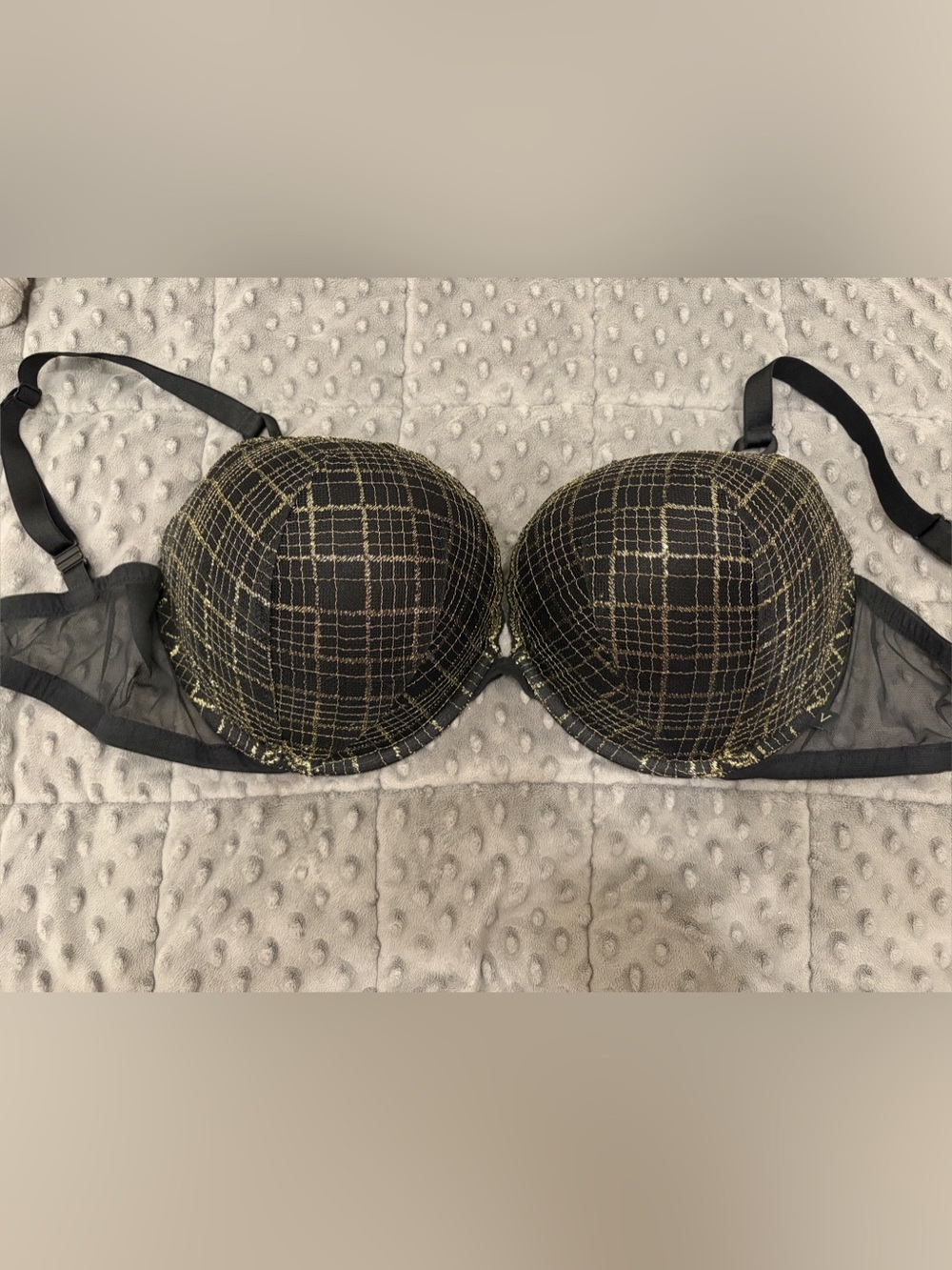 Victoria's Secret Black and Gold Plated Print Push-Up Bra, 38DDD